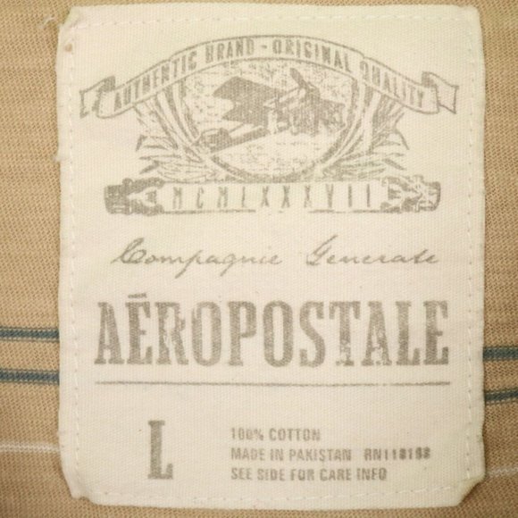 Aeropostale Compagnie Generale Polo Shirt Beige Brown Tan Grey Striped L Large - Picture 4 of 8